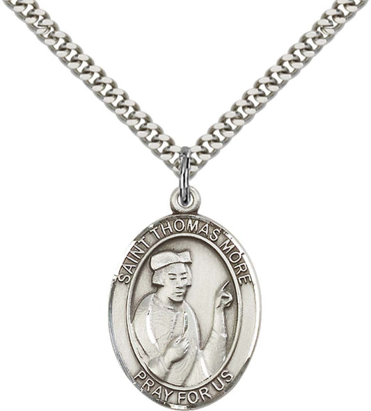 Sterling Silver St. Thomas More Pendant with 24 Inch Light Rhodium Heavy Curb Chain