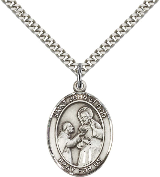 Sterling Silver St. John of God Pendant with 24 Inch Light Rhodium Heavy Curb Chain