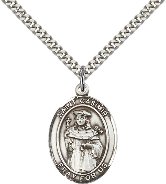 Sterling Silver St. Casimir of Poland Pendant with 24 Inch Light Rhodium Heavy Curb Chain