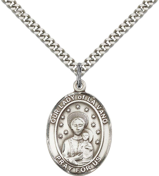 Sterling Silver O/L of La Vang Pendant with 24 Inch Light Rhodium Heavy Curb Chain