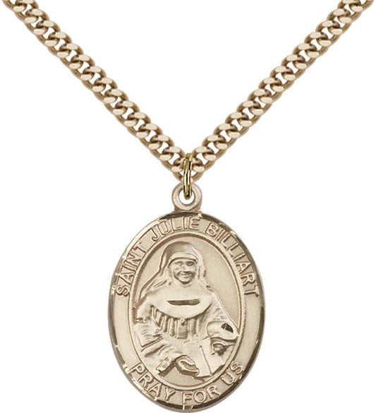 14kt Gold Filled St. Julie Billiart Pendant with 24 inch Gold Plate Heavy Curb Chain