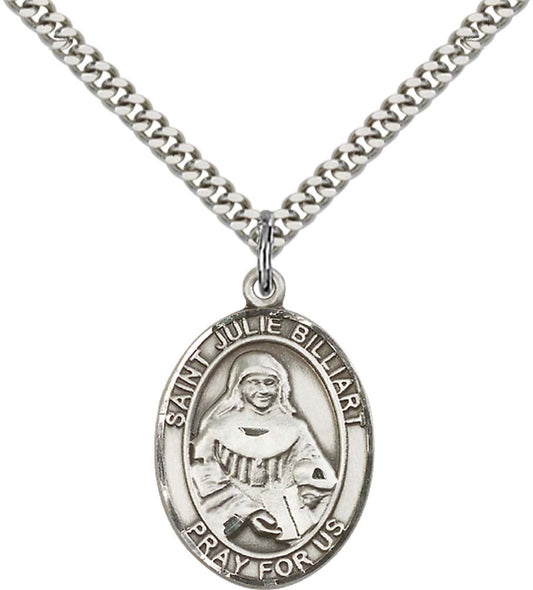 Sterling Silver St. Julie Billiart Pendant with 24 Inch Light Rhodium Heavy Curb Chain