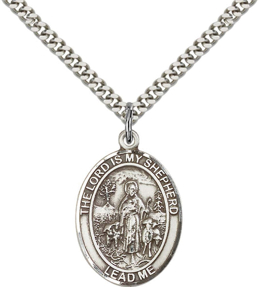Sterling Silver Lord Is My Shepherd Pendant with 24 Inch Light Rhodium Heavy Curb Chain