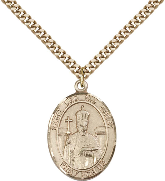 14kt Gold Filled St. Leo the Great Pendant with 24 inch Gold Plate Heavy Curb Chain
