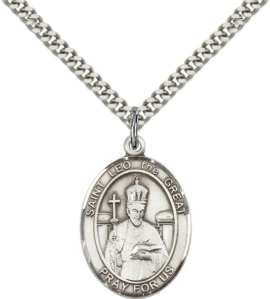 Sterling Silver St. Leo the Great Pendant with 24 Inch Light Rhodium Heavy Curb Chain