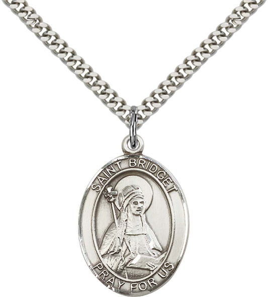 Sterling Silver St. Bridget of Sweden Pendant with 24 Inch Light Rhodium Heavy Curb Chain