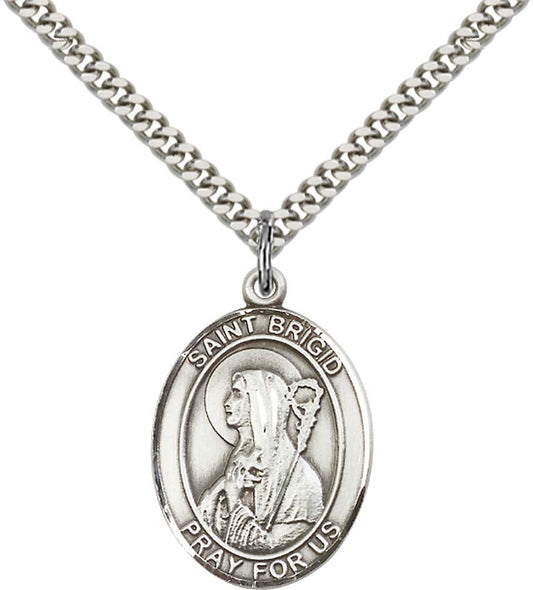 Sterling Silver St. Brigid of Ireland Pendant with 24 Inch Light Rhodium Heavy Curb Chain