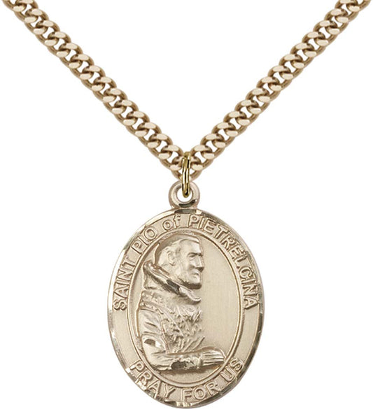 14kt Gold Filled St. Pio of Pietrelcina Pendant with 24 inch Gold Plate Heavy Curb Chain