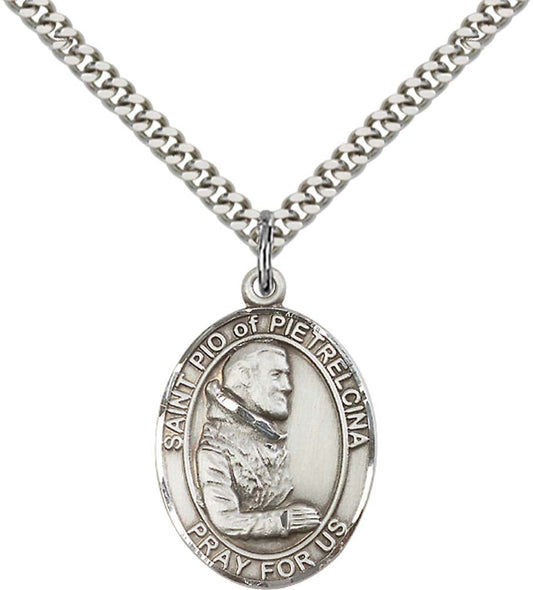 Sterling Silver St. Pio of Pietrelcina Pendant with 24 Inch Light Rhodium Heavy Curb Chain