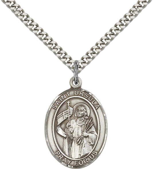 Sterling Silver St. Ursula Pendant with 24 Inch Light Rhodium Heavy Curb Chain