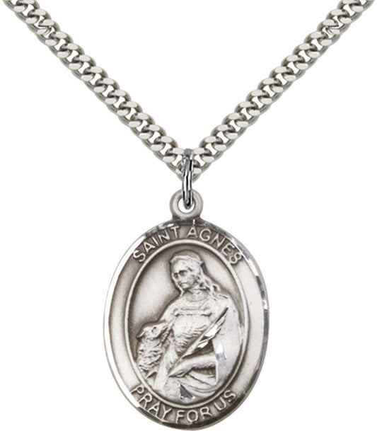 Sterling Silver St. Agnes of Rome Pendant with 24 Inch Light Rhodium Heavy Curb Chain