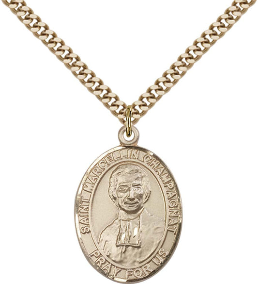 14kt Gold Filled St. Marcellin Champagnat Pendant with 24 inch Gold Plate Heavy Curb Chain