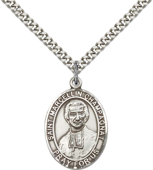 Sterling Silver St. Marcellin Champagnat Pendant with 24 Inch Light Rhodium Heavy Curb Chain
