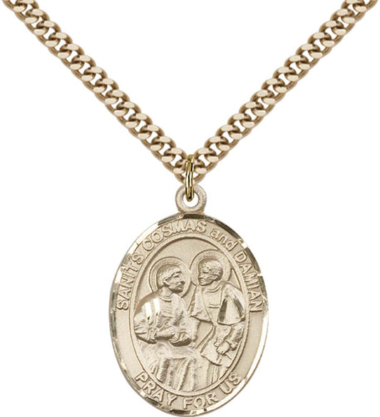 14kt Gold Filled Sts. Cosmas & Damian Pendant with 24 inch Gold Plate Heavy Curb Chain