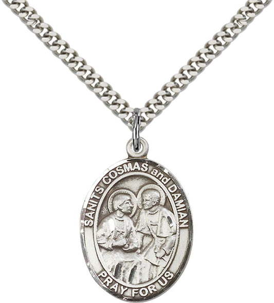 Sterling Silver Sts. Cosmas & Damian Pendant with 24 Inch Light Rhodium Heavy Curb Chain