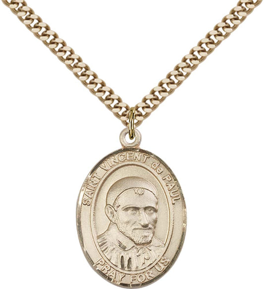 14kt Gold Filled St. Vincent de Paul Pendant with 24 inch Gold Plate Heavy Curb Chain