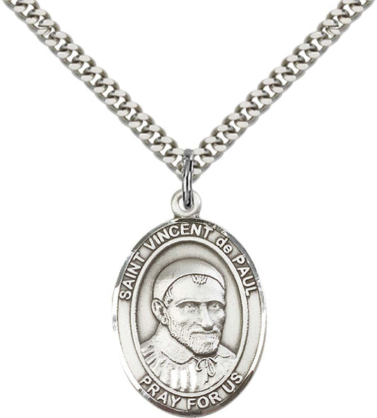 Sterling Silver St. Vincent de Paul Pendant with 24 Inch Light Rhodium Heavy Curb Chain