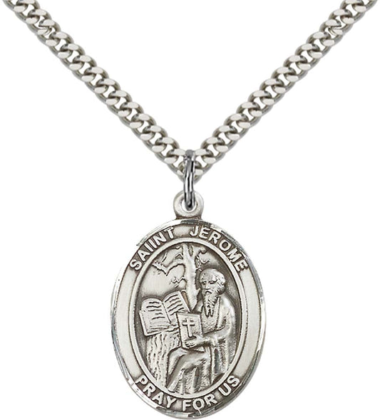 Sterling Silver St. Jerome Pendant with 24 Inch Light Rhodium Heavy Curb Chain