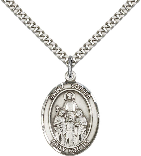 Sterling Silver St. Sophia Pendant with 24 Inch Light Rhodium Heavy Curb Chain