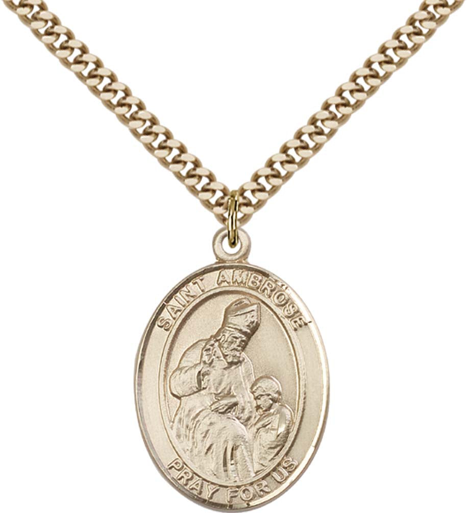 14kt Gold Filled St. Ambrose Pendant with 24 inch Gold Plate Heavy Curb Chain