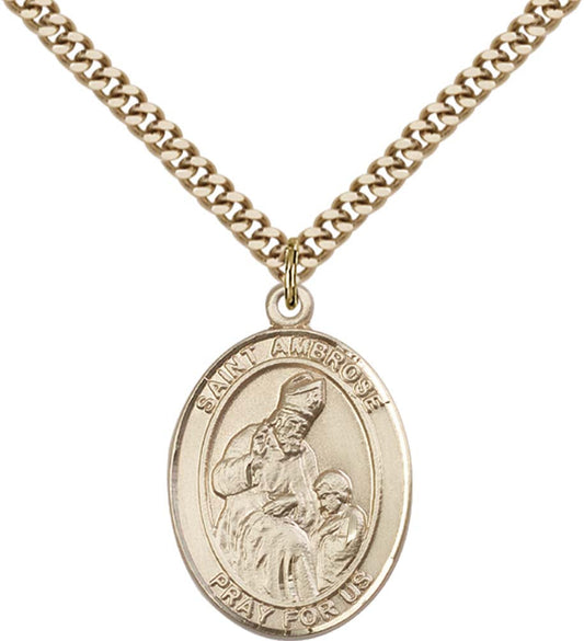 14kt Gold Filled St. Ambrose Pendant with 24 inch Gold Plate Heavy Curb Chain
