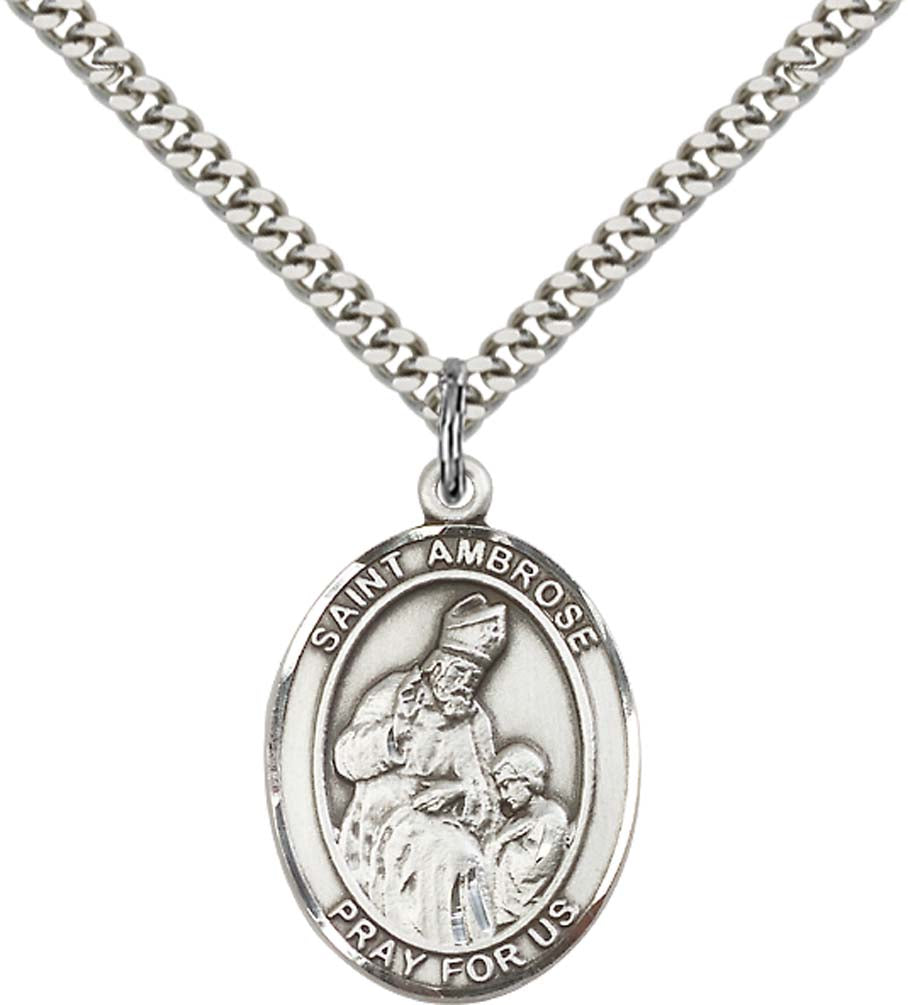 Sterling Silver St. Ambrose Pendant with 24 Inch Light Rhodium Heavy Curb Chain