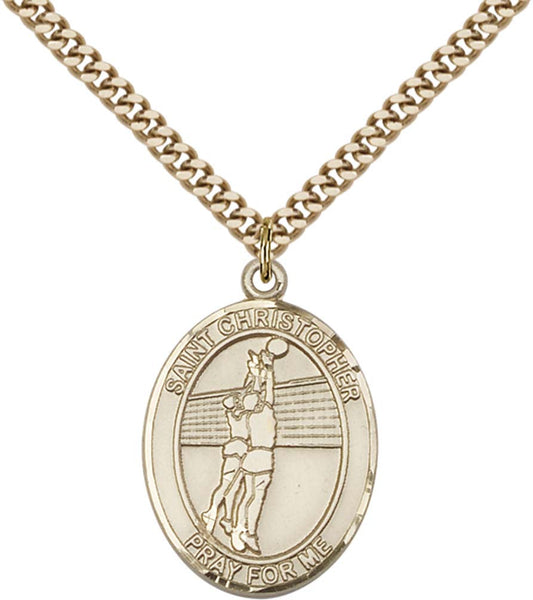 14kt Gold Filled St. Christopher/Volleyball Pendant with 24 inch Gold Plate Heavy Curb Chain
