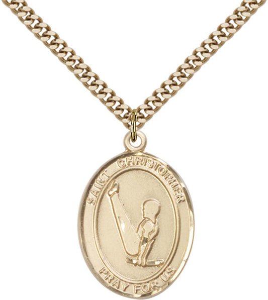 14kt Gold Filled St. Christopher Pendant with 24 inch Gold Plate Heavy Curb Chain - Large Gymnastics