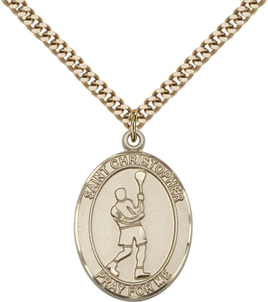 14kt Gold Filled St. Christopher/Lacrosse Pendant with 24 inch Gold Plate Heavy Curb Chain