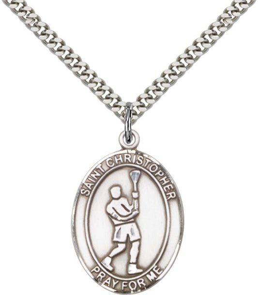 Sterling Silver St. Christopher/Lacrosse Pendant with 24 Inch Light Rhodium Heavy Curb Chain