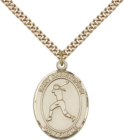 14kt Gold Filled St. Christopher/Softball Pendant with 24 inch Gold Plate Heavy Curb Chain - Large