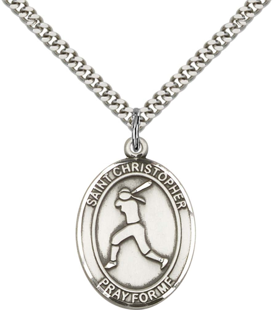 Sterling Silver St. Christopher/Softball Pendant with 24 Inch Light Rhodium Heavy Curb Chain - Large