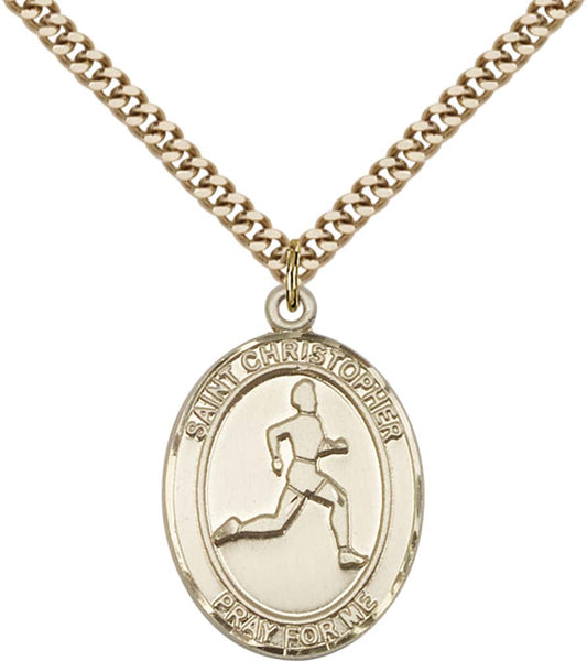 14kt Gold Filled St. Christopher/Track & Field Pendant with 24 inch Gold Plate Heavy Curb Chain