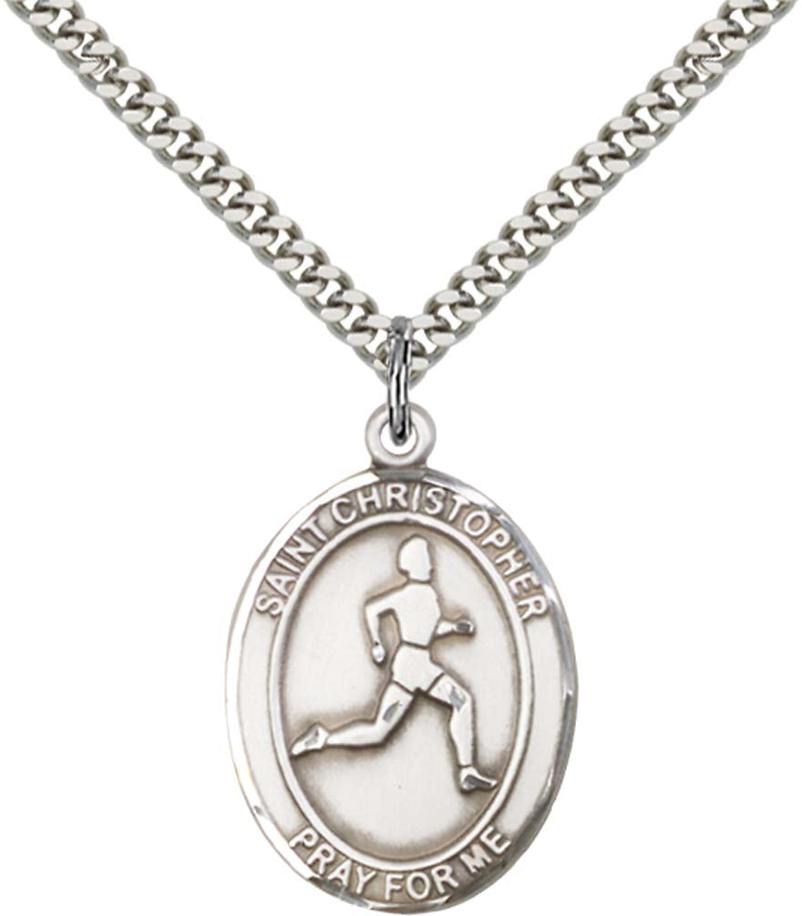 Sterling Silver St. Christopher/Track&Field Pendan with 24 Inch Light Rhodium Heavy Curb Chain