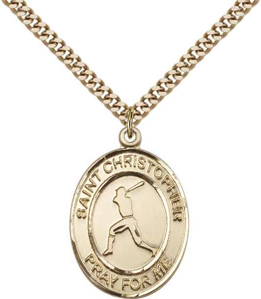14kt Gold Filled St. Christopher Pendant with 24 inch Gold Plate Heavy Curb Chain - Large Baseball