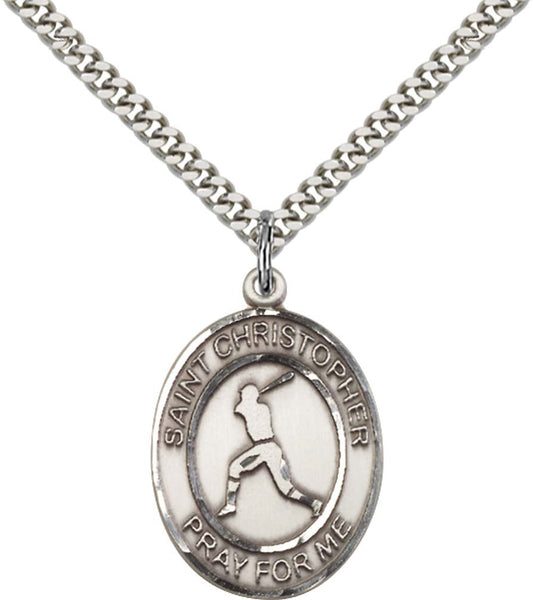 Sterling Silver St. Christopher Pendant with 24 Inch Light Rhodium Heavy Curb Chain - Large Baseball
