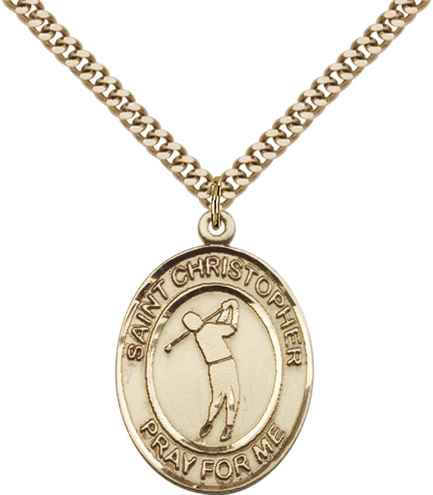 14kt Gold Filled St. Christopher Pendant with 24 inch Gold Plate Heavy Curb Chain - Large Golf