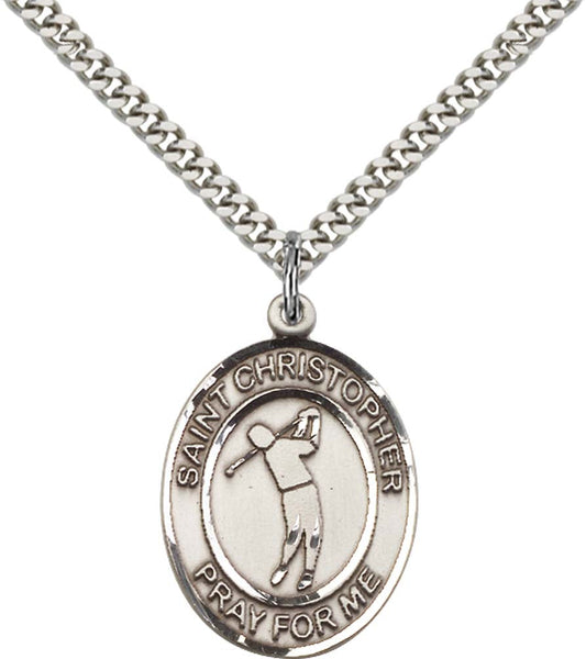 Sterling Silver St. Christopher Pendant with 24 Inch Light Rhodium Heavy Curb Chain - Large Golf
