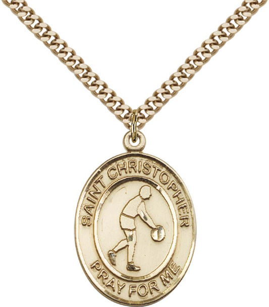 14kt Gold Filled St. Christopher Pendant with 24 inch Gold Plate Heavy Curb Chain - Large Basketball