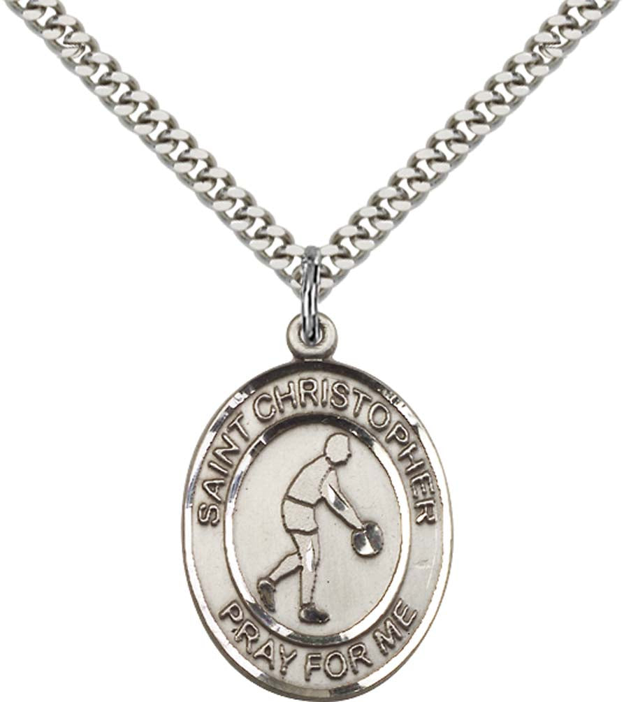 Sterling Silver St. Christopher Pendant with 24 Inch Light Rhodium Heavy Curb Chain - Large Basketball 153-1
