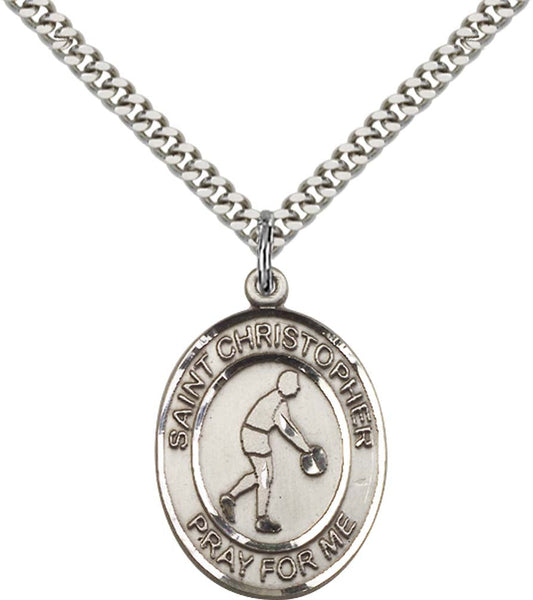 Sterling Silver St. Christopher Pendant with 24 Inch Light Rhodium Heavy Curb Chain - Large Basketball 153-1