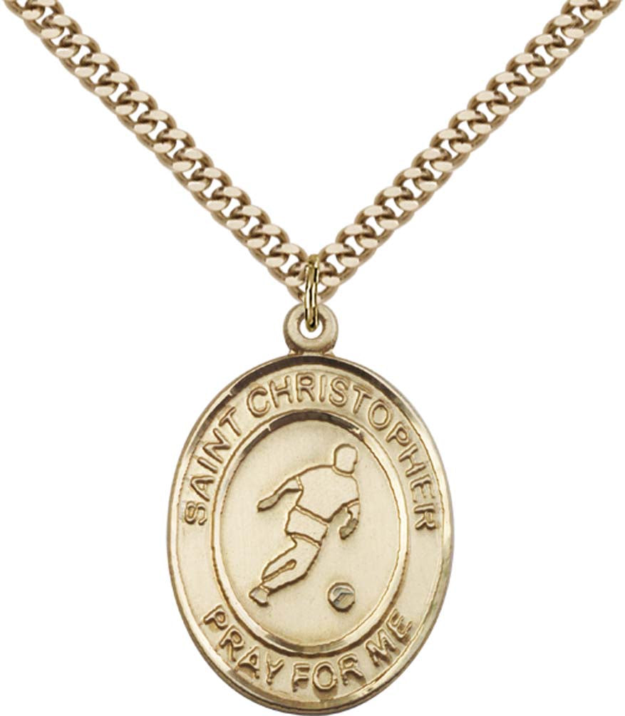 14kt Gold Filled St. Christopher Pendant with 24 inch Gold Plate Heavy Curb Chain - Large Soccer