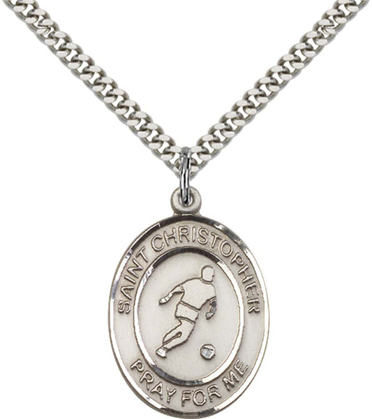 Sterling Silver St. Christopher Pendant with 24 Inch Light Rhodium Heavy Curb Chain - Large Soccer