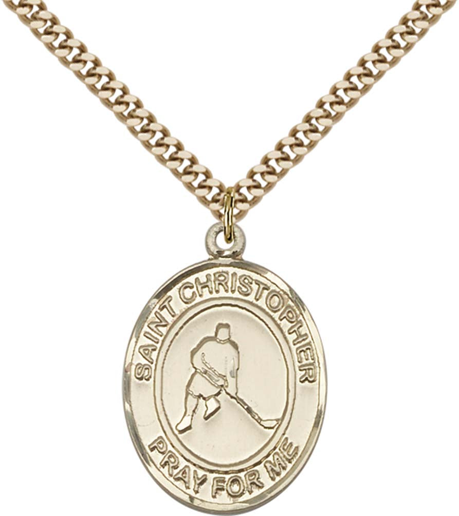 14kt Gold Filled St. Christopher/Ice Hockey Pendant with 24 inch Gold Plate Heavy Curb Chain