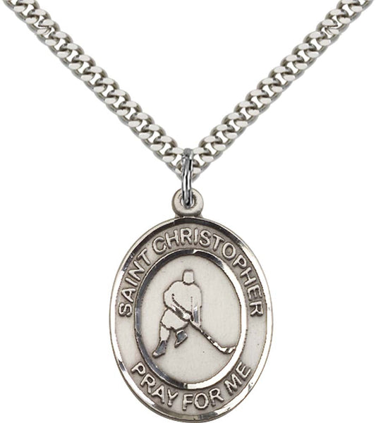 Sterling Silver St. Christopher Pendant with 24 Inch Light Rhodium Heavy Curb Chain - Large Ice Hockey