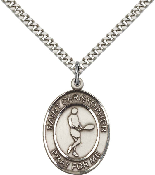Sterling Silver St. Christopher Pendant with 24 Inch Light Rhodium Heavy Curb Chain - Large Tennis