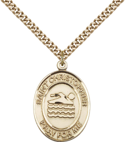14kt Gold Filled St. Christopher Pendant with 24 inch Gold Plate Heavy Curb Chain - Large Swimming