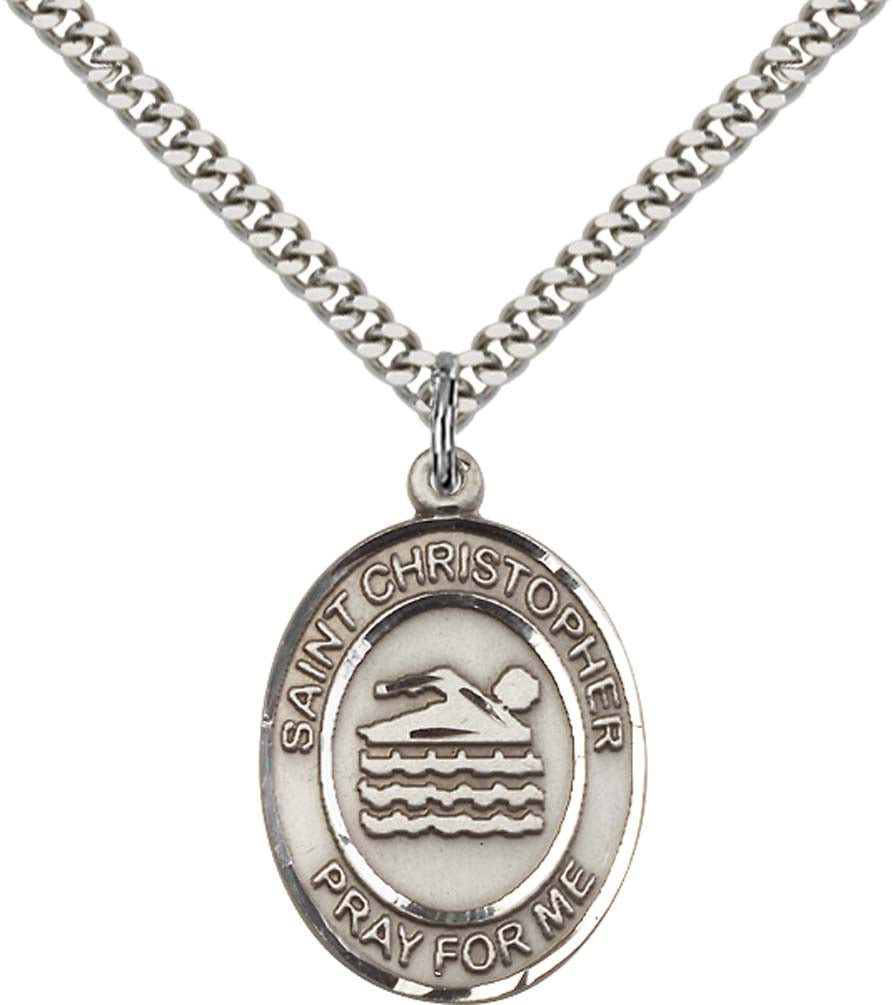 Sterling Silver St. Christopher Pendant with 24 Inch Light Rhodium Heavy Curb Chain - Large Swimming