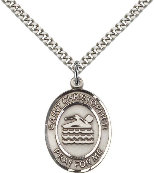 Sterling Silver St. Christopher Pendant with 24 Inch Light Rhodium Heavy Curb Chain - Large Swimming