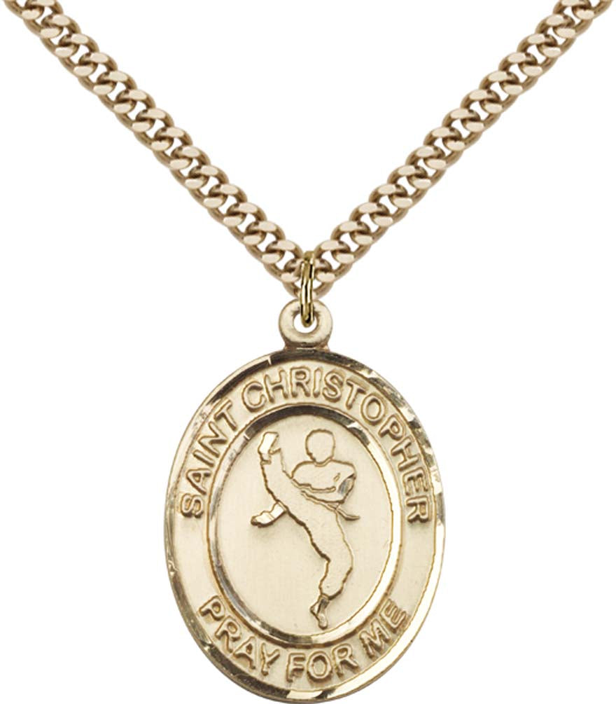 14kt Gold Filled St. Christopher Pendant with 24 inch Gold Plate Heavy Curb Chain - Large Martial Arts